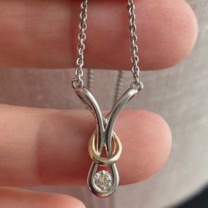 Diamond Tear Drop 14K Gold & Sterling Silver Free Form Design 19" Necklace